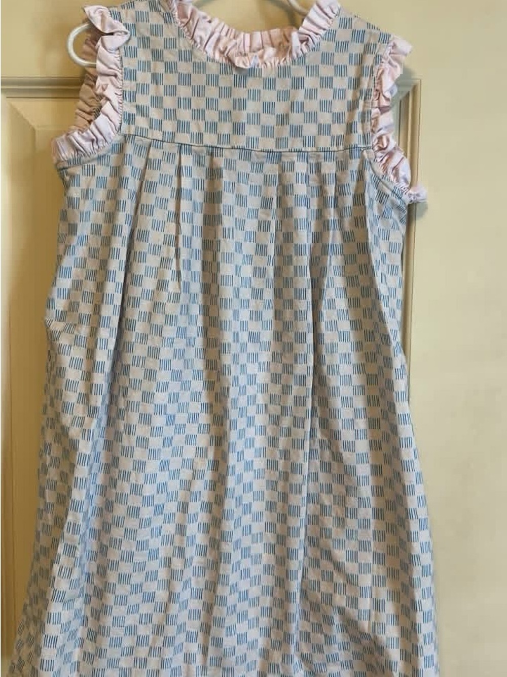 Girls' Blue Checked Sleeveless Dress with Pink Ruffle Trim